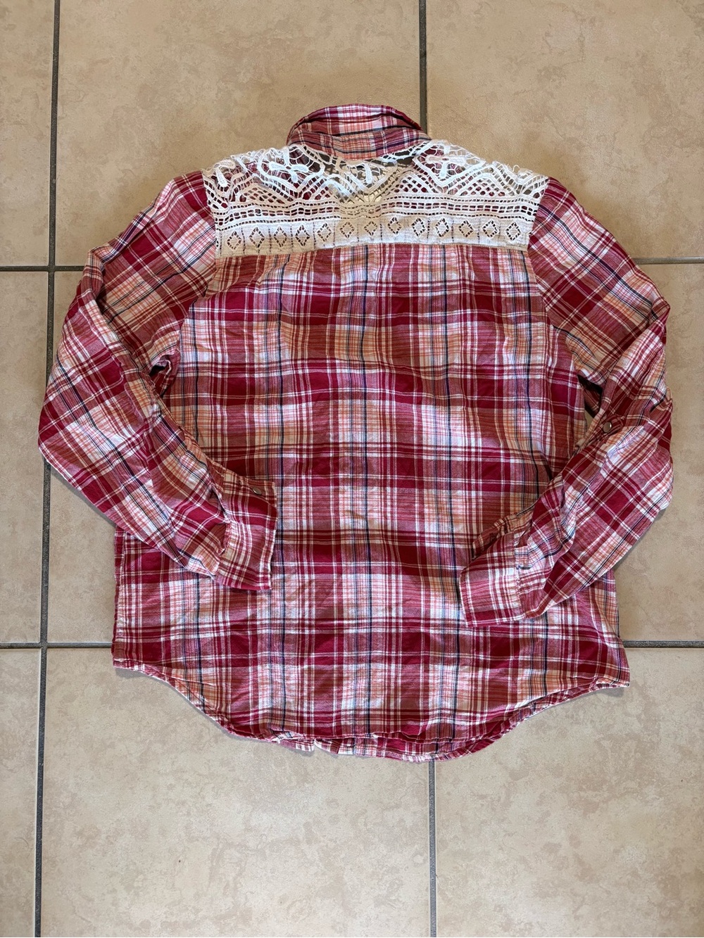 My Michelle Plaid Lace Detail Button Down Long Sleeve Shirt